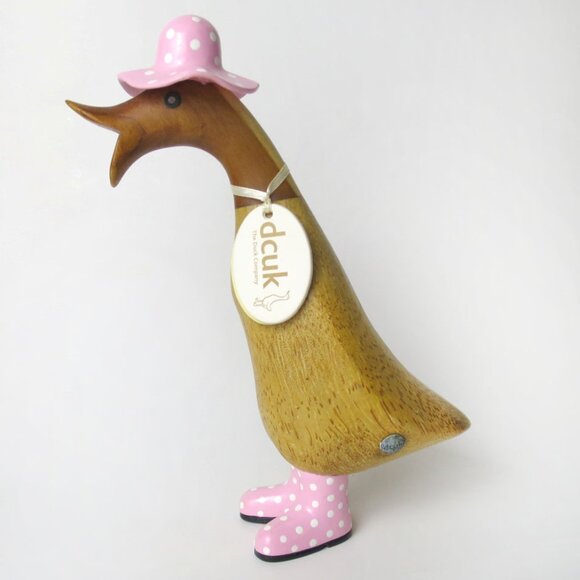 Dcuk The Duck Company Wooden Duck Pink Spotted Hat & Welly Boots - Picture 1 of 10
